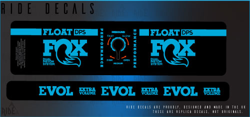 Fox DPS rear shock decals in blue, replacement sticker set