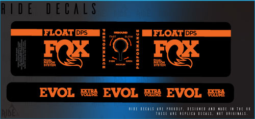 Fox DPS rear shock decals in orange, replacement sticker set