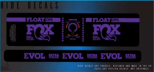 Fox DPS rear shock decals in purple, replacement sticker set