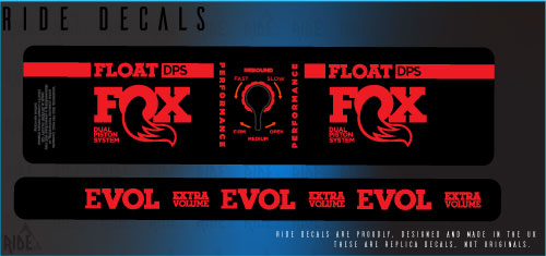 Fox DPS rear shock decals in red, replacement sticker set