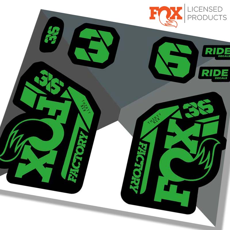 Fox 36 factory fork stickers 2021 in green. Made by Ride Decals