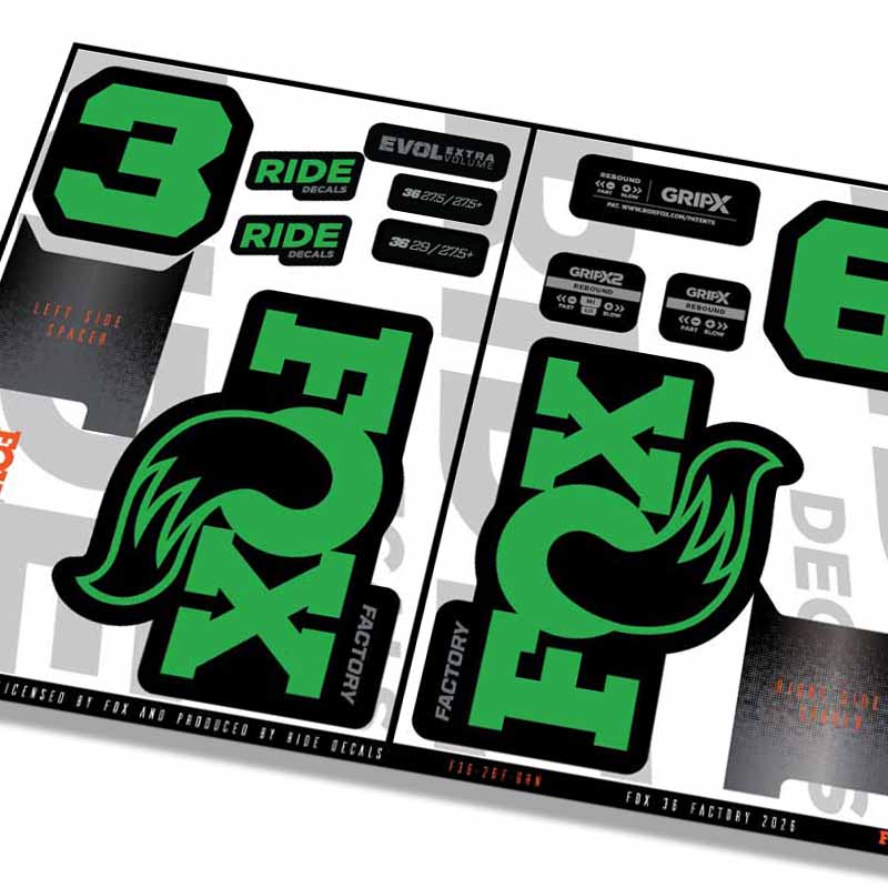 Fox 36 Factory Fork Decals- Green- ride decals