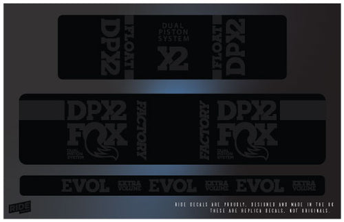 Fox DPX2 rear shock decals in black, replacement sticker set