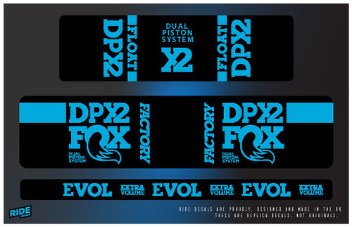 Fox DPX2 rear shock decals in blue, replacement sticker set