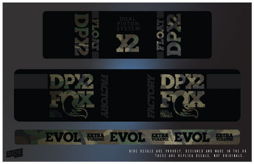 Fox DPX2 rear shock decals in camo, replacement sticker set