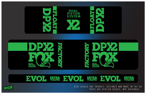 Fox DPX2 rear shock decals in green, replacement sticker set
