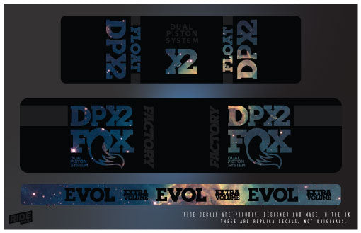 Fox DPX2 rear shock decals in Nebula, replacement sticker set