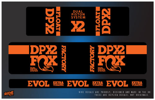Fox DPX2 rear shock decals in orange, replacement sticker set