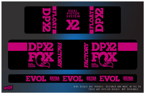 Fox DPX2 rear shock decals in pink, replacement sticker set