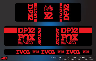 Fox DPX2 rear shock decals in red, replacement sticker set