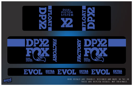 Fox DPX2 rear shock decals in slate blue, replacement sticker set