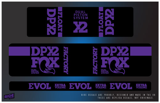 Fox DPX2 rear shock decals in purple, replacement sticker set