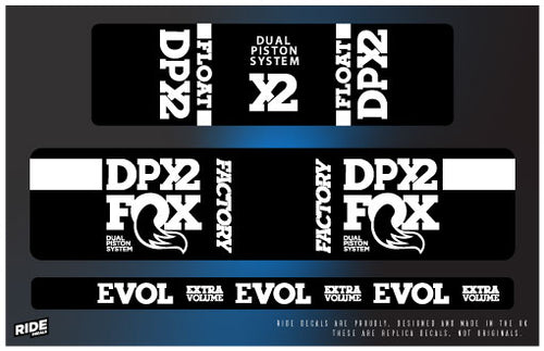Fox DPX2 rear shock decals in white, replacement sticker set