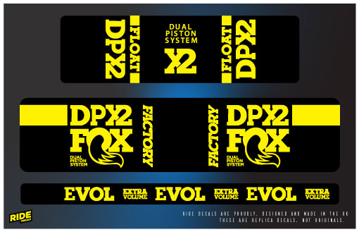 Fox DPX2 rear shock decals in yellow, replacement sticker set