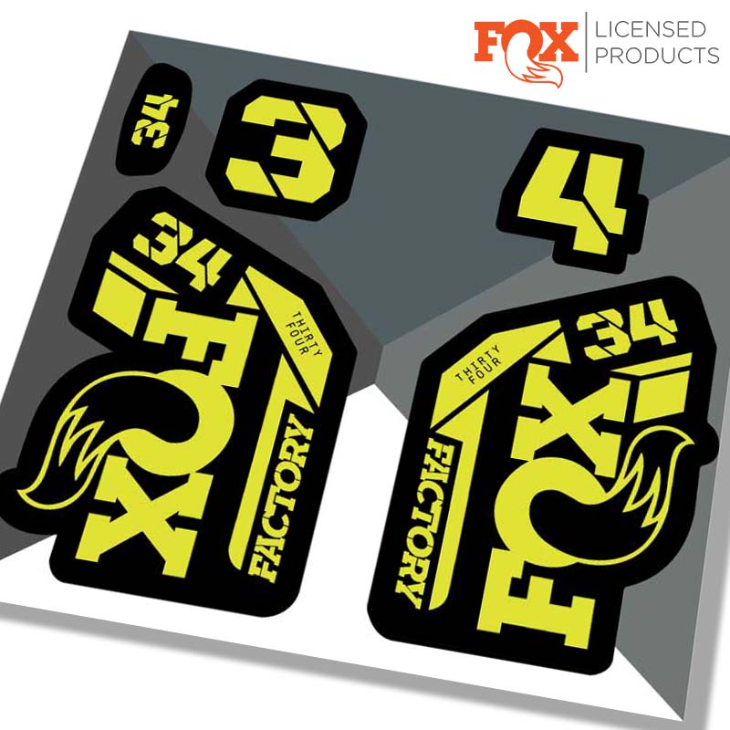 Fox 34 factory fork stickers, 2021 YELLOW / RIDE DECALS