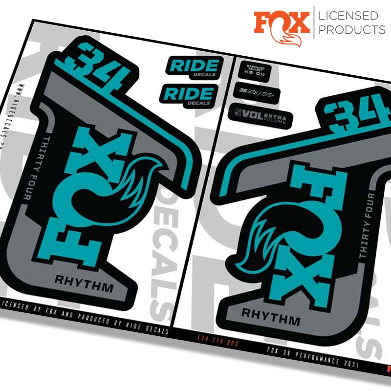 Fox 34 Rhythm fork Stickers- turq- ride decals