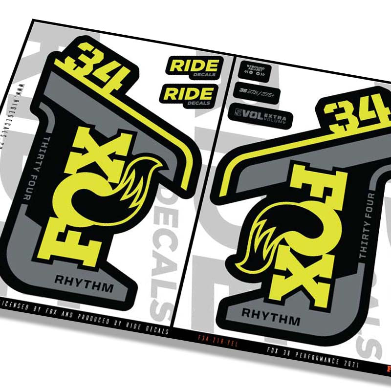 Fox 34 Rhythm fork decals- yellow- ride decals