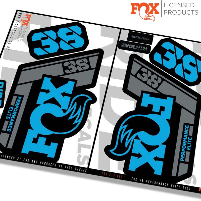 Fox 38 Performance Elite fork Stickers- blue- ride decals