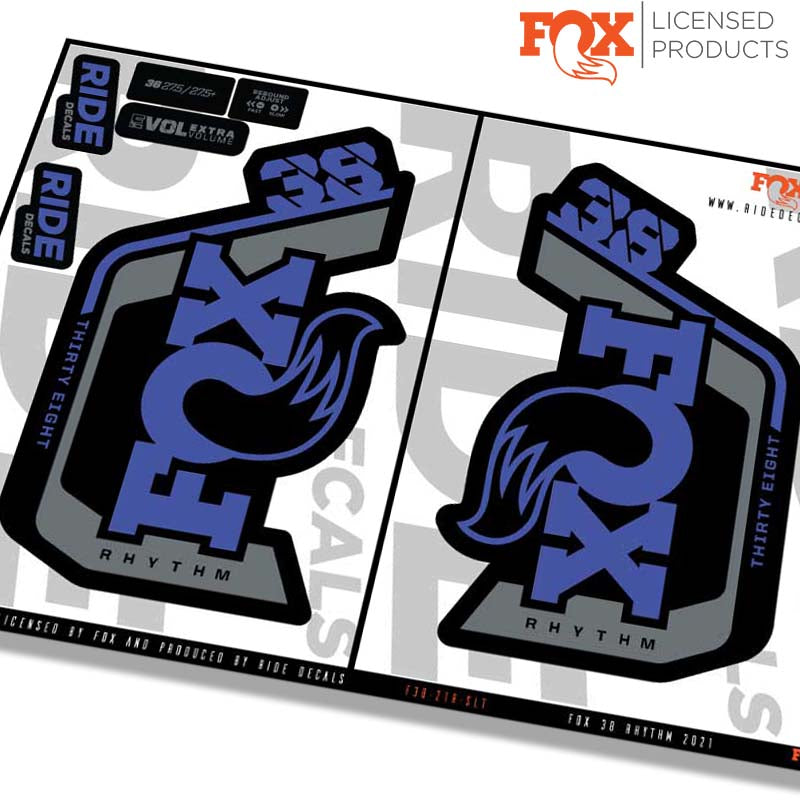 Fox 38 Rhythm fork Stickers- slate blue- ride decals