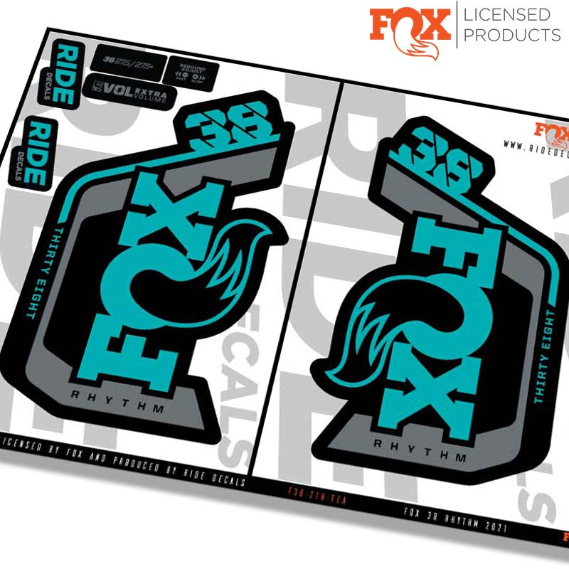 Fox 38 Rhythm fork Stickers- teal- ride decals